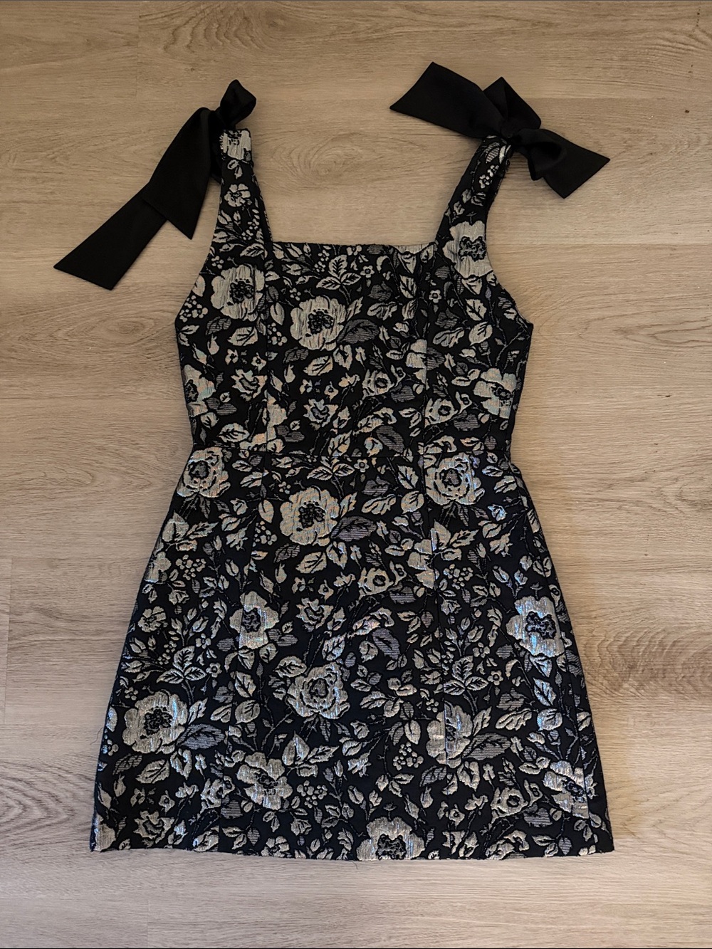 Black Floral Metallic Tie-Shoulder Mini Dress